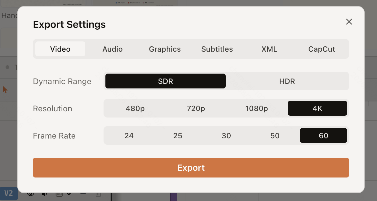 ChatCut Desktop 的导出设置,包含视频、音频、图形、字幕、XML 和 CapCut 标签页